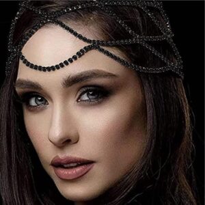 XSBODY 1920s Rhinestone Mesh Cap Headpiece for Women Black Flapper Head Chain Jewelry Gatsby Cleopatra Hair Accessories (Black)