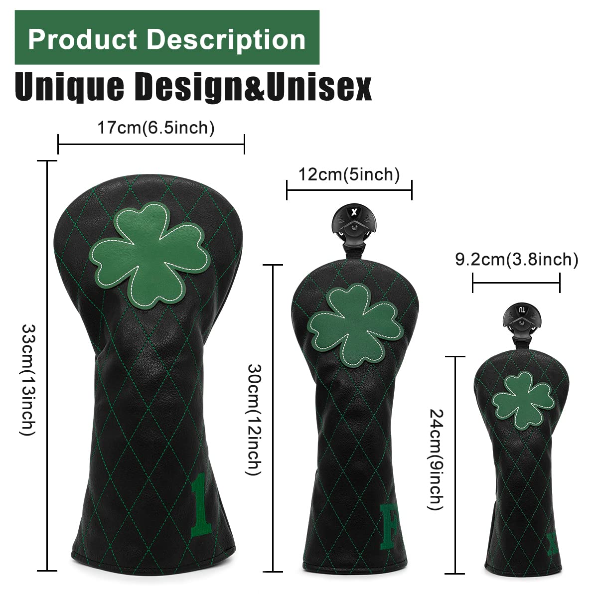 Golf Headcovers Golf Driver Fairway Hybrid Head Cover Golf Blade Mallet Putter Cover Lucky Clover Cross Pattern Premium Leather Driver Fairway(FW) Wood Hybrid(UT) with Number Tags