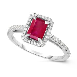 KOKAV 14K White Gold Genuine Ruby 1 Ct Emerald Cut with Diamonds Ring, Size 7