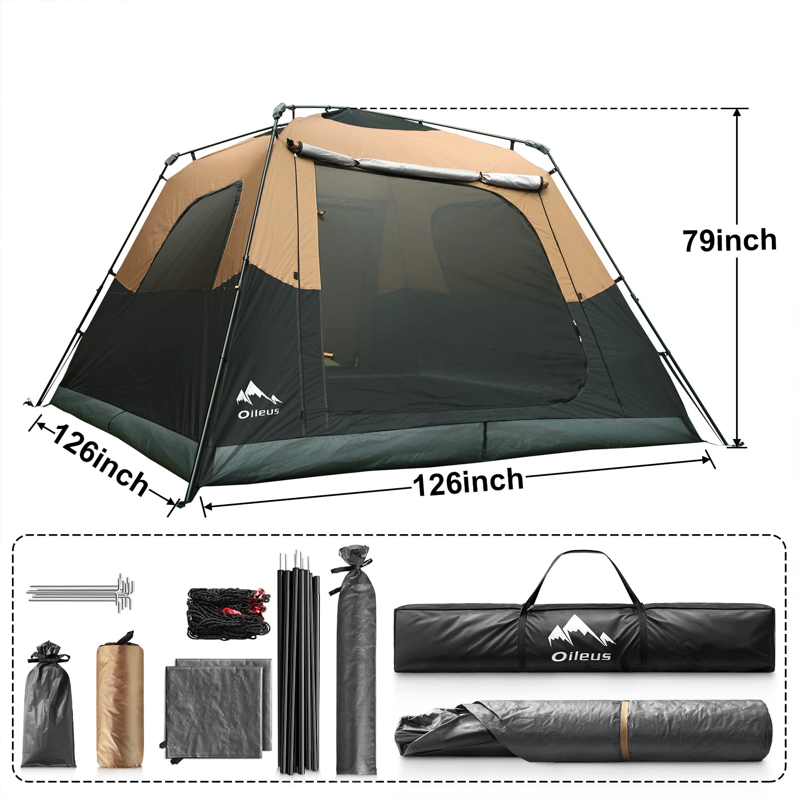 Oileus Instant Camping Tent - 4/6/8 Person Cabin Tent Quick setup, Double Layer with Waterproof & Windproof Tent, Family Camping, Hiking tent with Carry Bag, 5 mesh windows Upgraded Ventilation