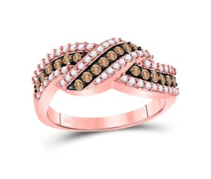 10k rose gold chocolate brown diamond stunning crossover band ring 3/4 ctw.