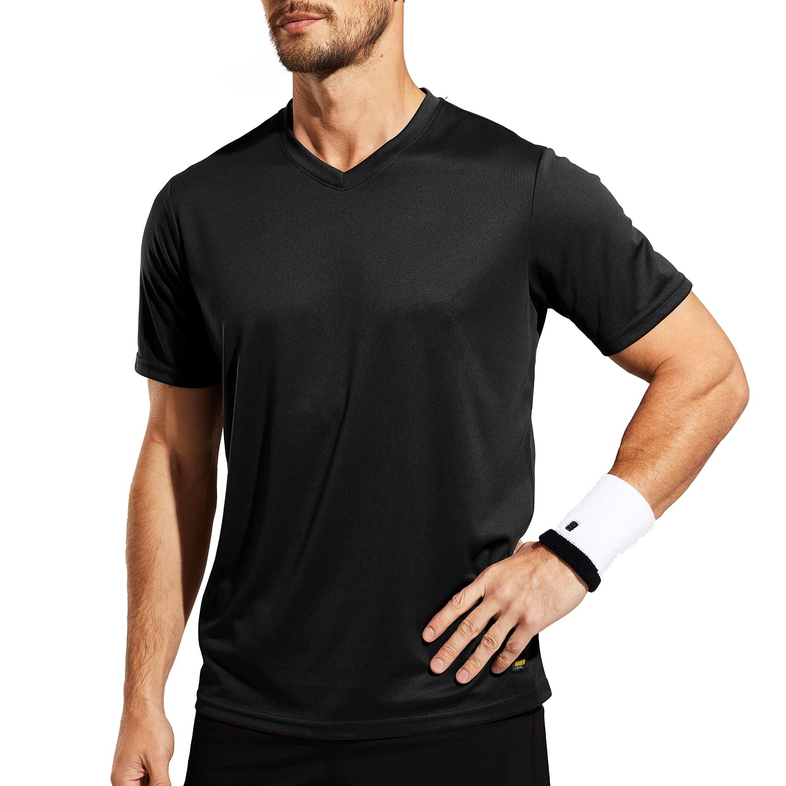 MIER Men's Dry-Fit Workout Tshirts Moisture Wicking Active Athletic Performance V-Neck T-Shirt Polyester Tee Black, XL