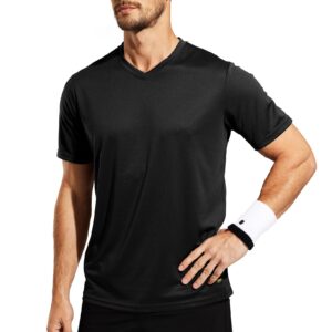 MIER Men's Dry-Fit Workout Tshirts Moisture Wicking Active Athletic Performance V-Neck T-Shirt Polyester Tee Black, L