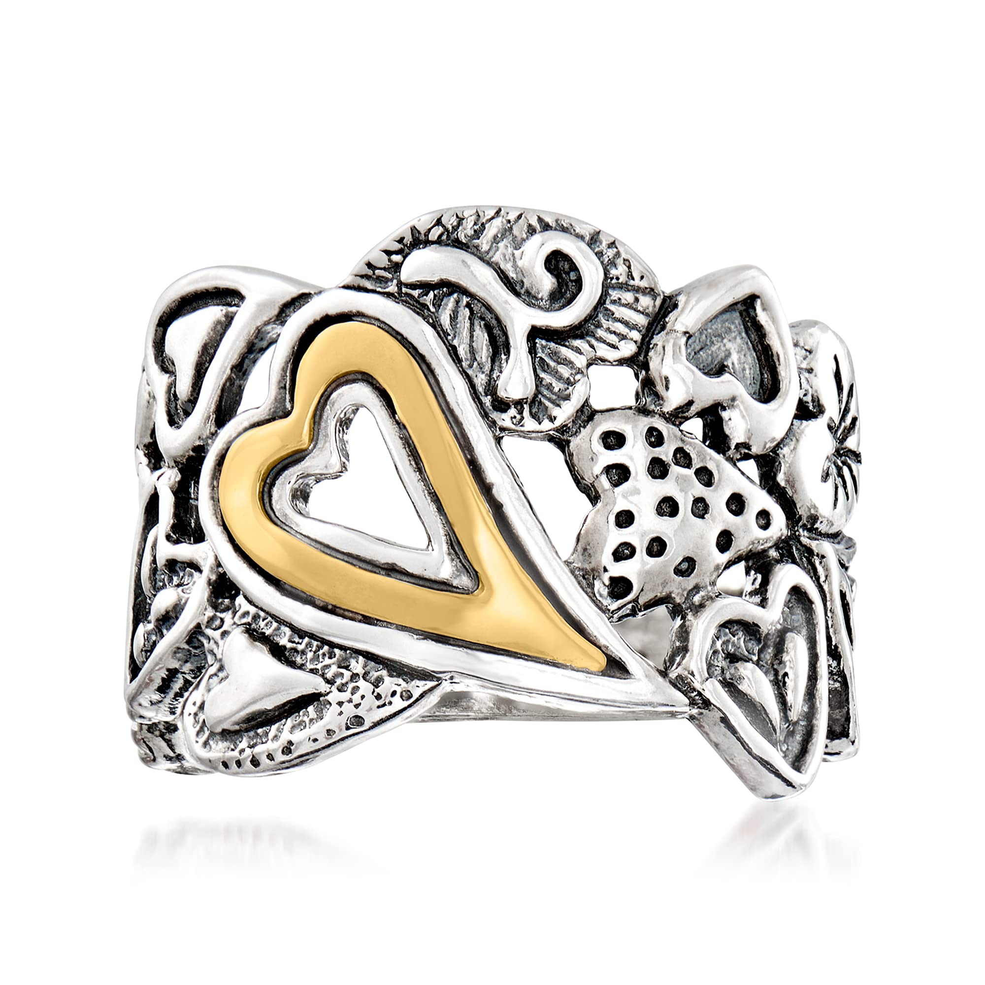 Ross-Simons Sterling Silver and 14kt Yellow Gold Openwork Heart Ring. Size 10