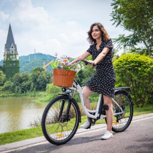 Electric Bike for Adult - 26" City Cruiser Electric Bicycle 350W Motor-12.5 Ah Removable Battery-Up to 40 Miles,Shimano 6-Speed and Dual Shock Absorber,City Electric Commuter Bike for Adults (White)