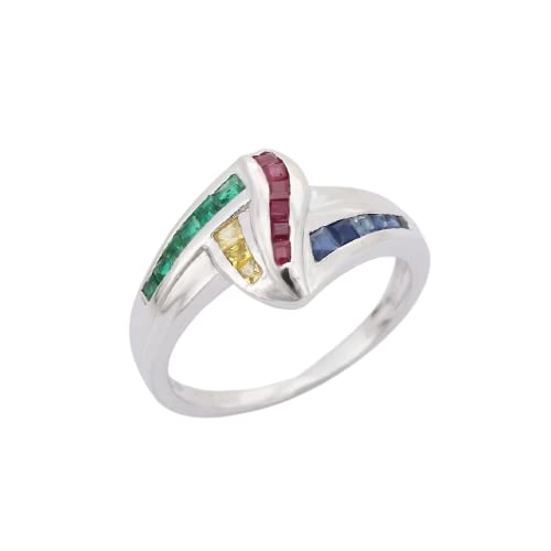 Silver hub Emerald Ruby Sapphire Statement 925 Sterling Silver Engagement Ring