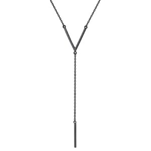 chicsilver black bar drop y necklace for women sterling silver minimalist lariat y-shaped necklace delicate simple bar pendant long necklace