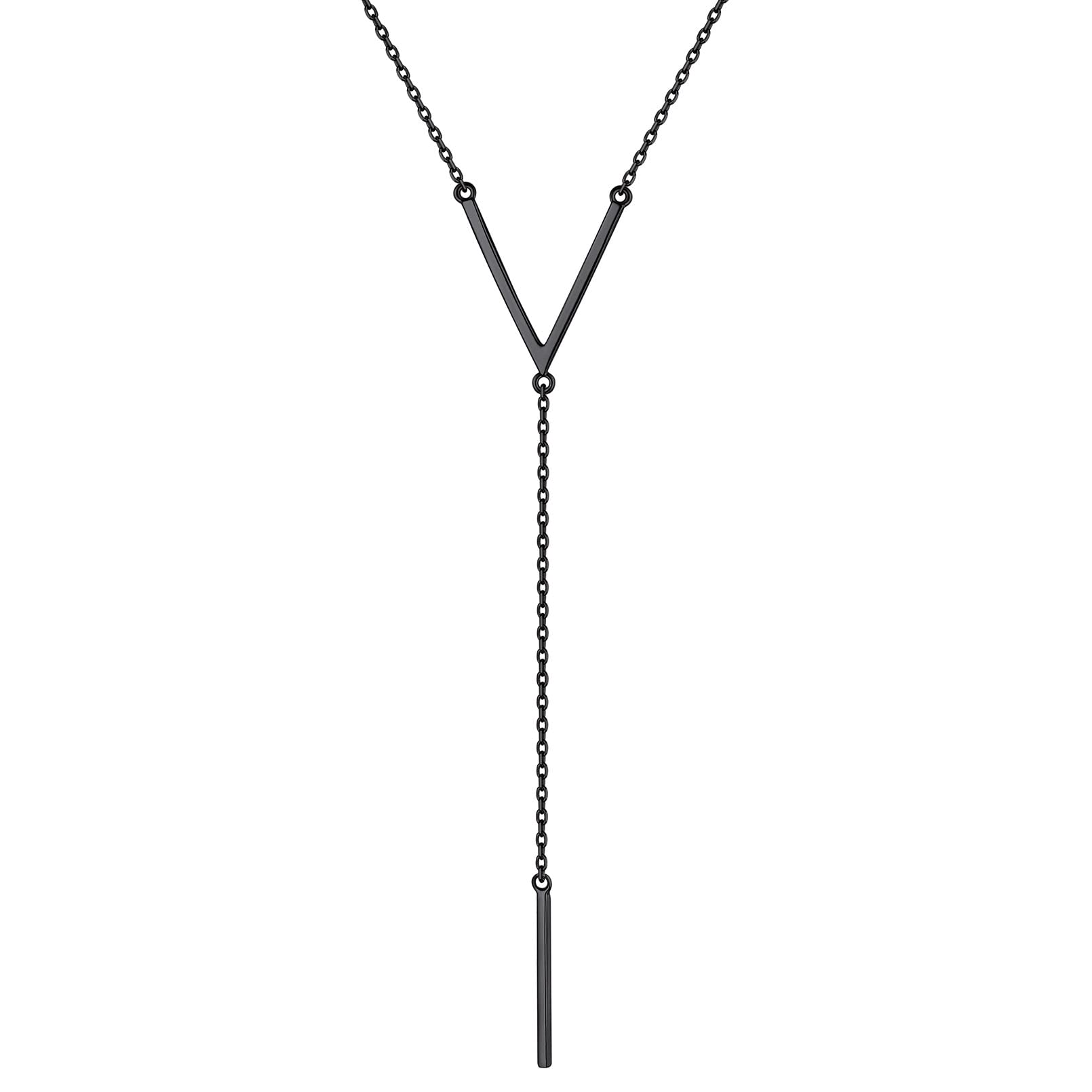 ChicSilver Black Bar Drop Y Necklace for Women Sterling Silver Minimalist Lariat Y-Shaped Necklace Delicate Simple Bar Pendant Long Necklace