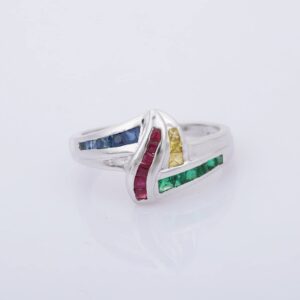 Silver hub Emerald Ruby Sapphire Statement 925 Sterling Silver Engagement Ring