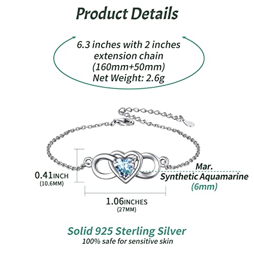 ChicSilver Infinity Heart Bracelet for Women 925 Sterling Silver Dainty Cubic Zirconia CZ Created Aquamarine Bracelet March Birthstone Jewelry Birthday Gifts