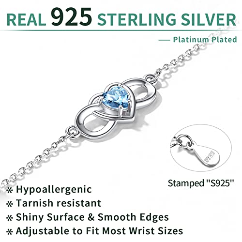 ChicSilver Infinity Heart Bracelet for Women 925 Sterling Silver Dainty Cubic Zirconia CZ Created Aquamarine Bracelet March Birthstone Jewelry Birthday Gifts