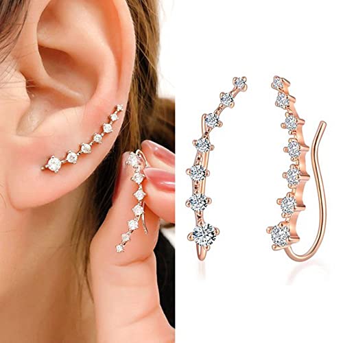 Ear Cuffs Climber Earrings for Women S925 Sterling Silver Hypoallergenic 7 Diamonds Earring with Cubic Zirconia Bridal Wedding Earrings for Birthday Present (Rose Gold) (Rose Gold)