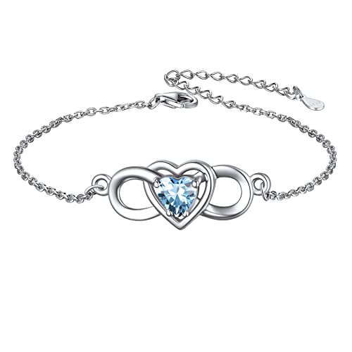 ChicSilver Infinity Heart Bracelet for Women 925 Sterling Silver Dainty Cubic Zirconia CZ Created Aquamarine Bracelet March Birthstone Jewelry Birthday Gifts