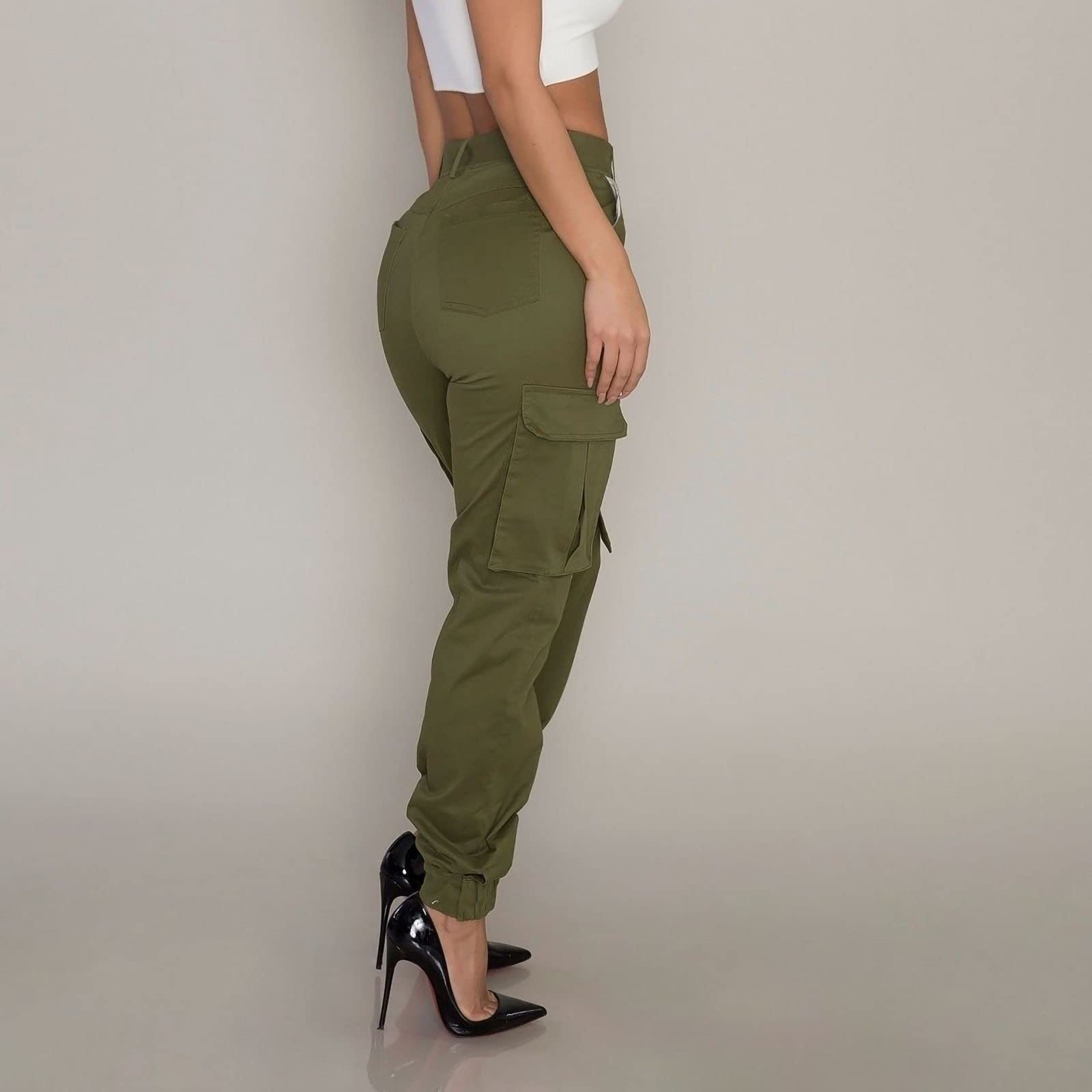 Cargo Joggers Women's Casual High Waist Stretch Straight Pants Military Outdoor Relaxed Fit Trousers Sweatpants Army Green