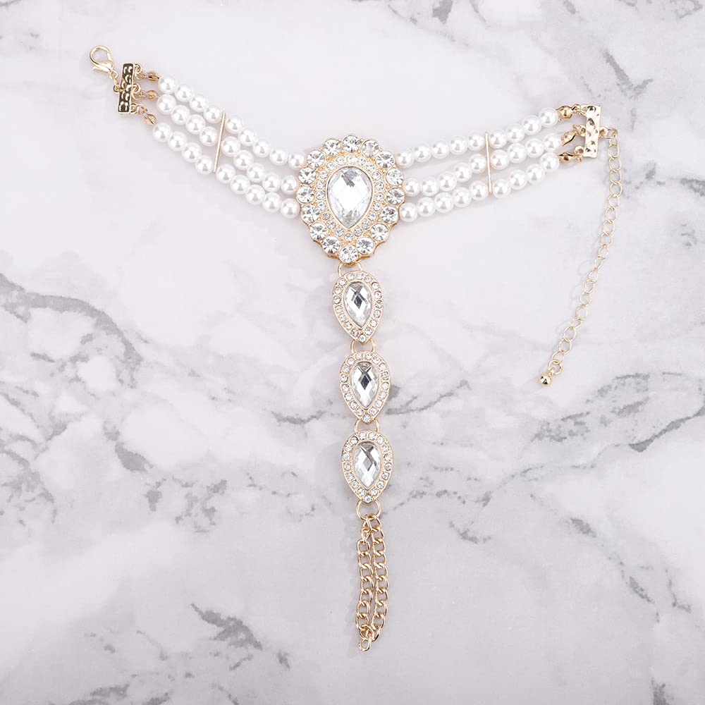 Denifery Vintage 1920S Flapper Pearl Bracelet Rhinestone Finger Ring Link Bracelet Stretch Adjustable Hand Chain for Wedding Brides