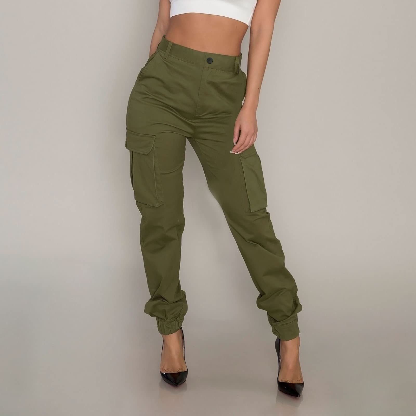 Cargo Joggers Women's Casual High Waist Stretch Straight Pants Military Outdoor Relaxed Fit Trousers Sweatpants Army Green