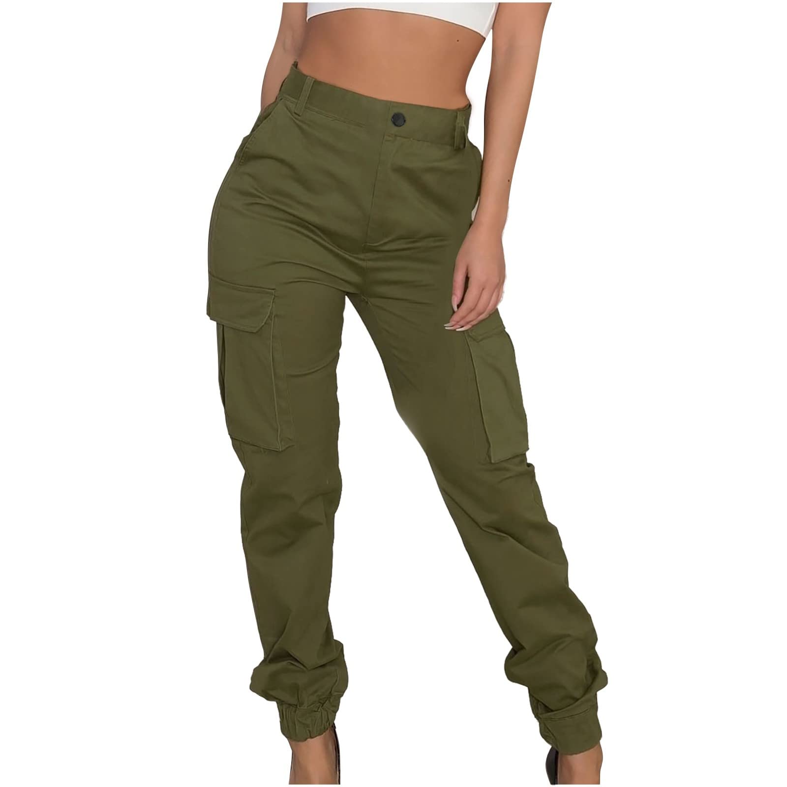 Cargo Joggers Women's Casual High Waist Stretch Straight Pants Military Outdoor Relaxed Fit Trousers Sweatpants Army Green