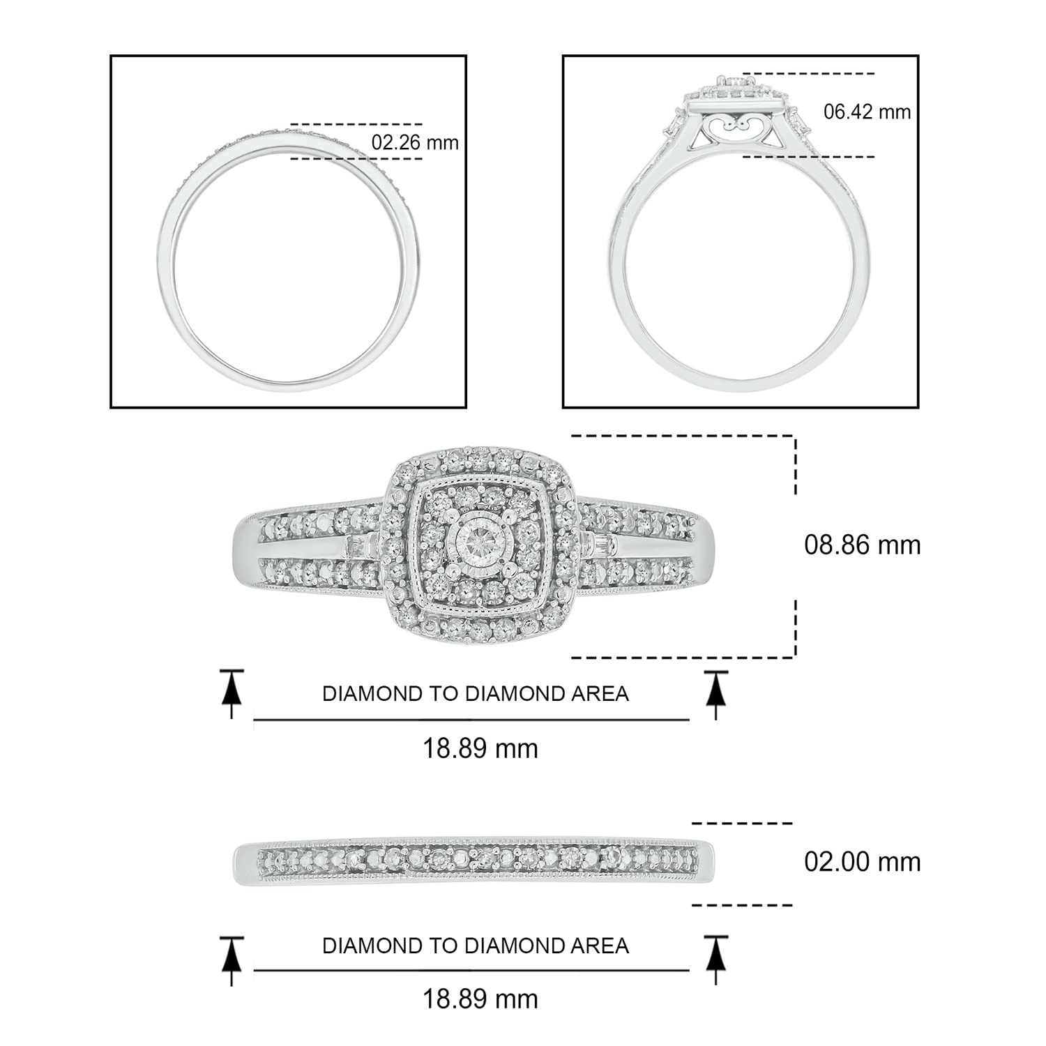 Cali Trove, 1/3cttw Diamond Square Halo Engagement Ring with Matching Diamond Wedding Band for Women in 925 Sterling Silver, Women's Silver Square Wedding Ring Set with Halo and Diamond Accented