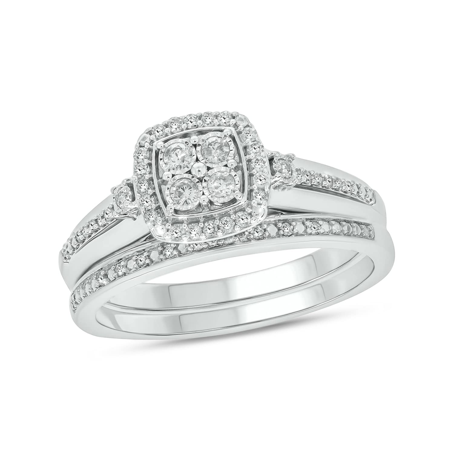 Cali Trove, 1/3cttw Diamond Cluster Square Halo Engagement Ring with Matching Diamond Wedding Band for Women in 925 Sterling Silver, Women's Silver Square Halo Wedding Ring Set with Diamond Accented