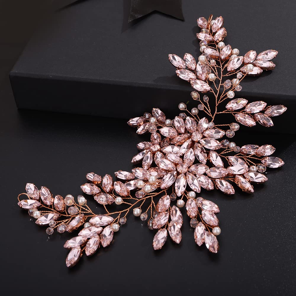 Teyglen Pink Rhinestones Pearls Crystals Large Headband Hair Vine Handmade Bridal Flower Headband Wedding Hair Accessories for Brides Hair Pieces Rose Gold Flower Girl Headpieces for Women