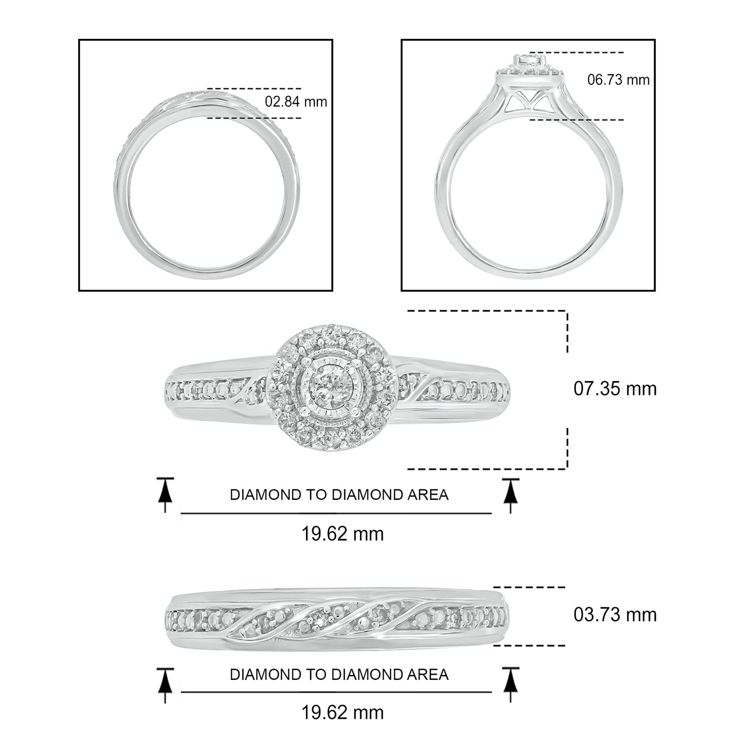 Cali Trove, 1/4cttw Diamond Halo Engagement Ring with Matching Diamond Wedding Band for Women in 925 Sterling Silver, Women's Silver Round Halo Wedding Ring Set with Diamond Accented Bands,7