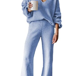 Viottiset Women's 2 Piece Outfits Sweater Set V Neck Knit Pullover Top Wide Leg Pants Sweatsuit Blue Small