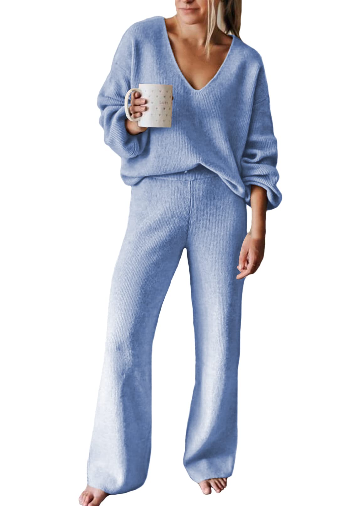 Viottiset Women's 2 Piece Outfits Sweater Set V Neck Knit Pullover Top Wide Leg Pants Sweatsuit Blue Small