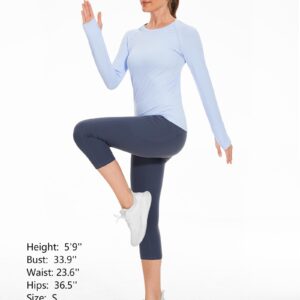 Stelle Women Workout Shirts Seamless Long Sleeve Yoga Tops with Thumb Holes for Sports Running Breathable Athletic Slim Fit Blue