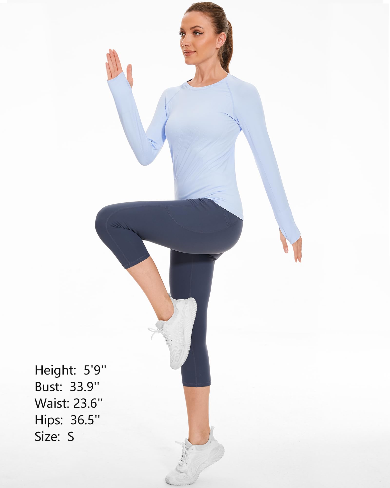 Stelle Women Workout Shirts Seamless Long Sleeve Yoga Tops with Thumb Holes for Sports Running Breathable Athletic Slim Fit Blue