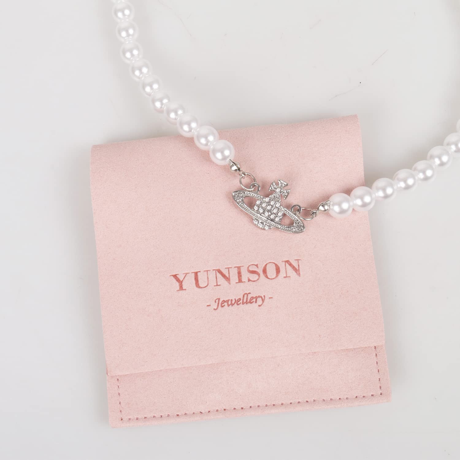 Yunison Pearl Saturn Necklace Rhinestone Pendant Planet Choker Retro Jewelry for Women Birthday Party Anniversary