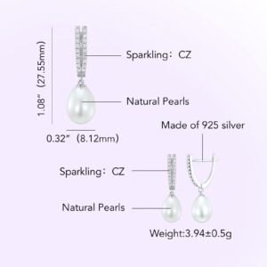 Jupiter Natural Pearl Silver Earrings - 925 Sterling Silver Genuine Pearl Women's Stud Earrings, Natural Pearl Cubic Zirconia Fashion Drop Earrings Jewelry