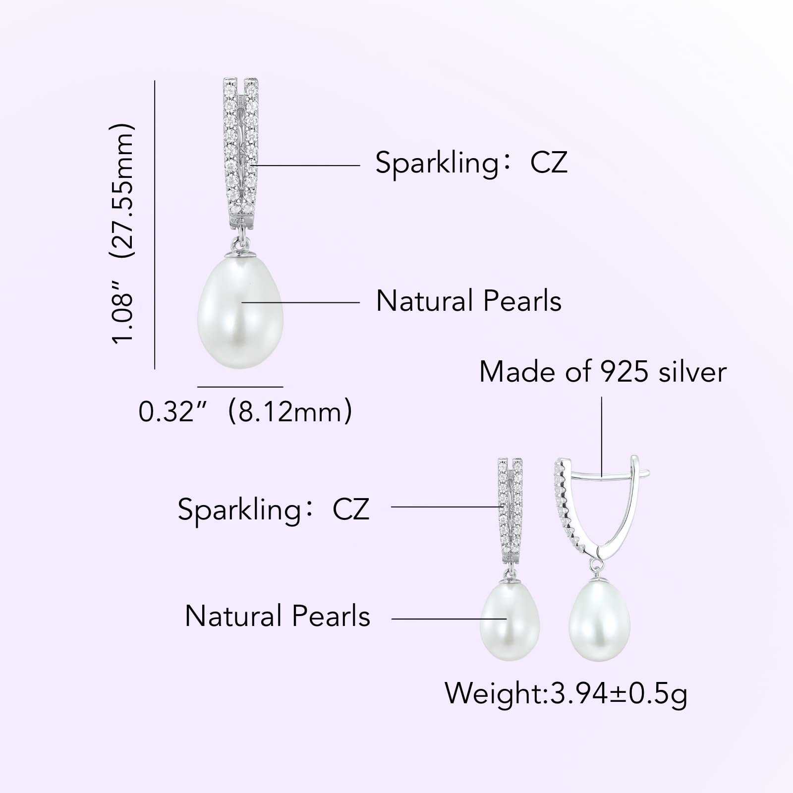 Jupiter Natural Pearl Silver Earrings - 925 Sterling Silver Genuine Pearl Women's Stud Earrings, Natural Pearl Cubic Zirconia Fashion Drop Earrings Jewelry