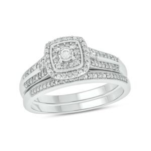 cali trove, 1/3cttw diamond square halo engagement ring with matching diamond wedding band for women in 925 sterling silver, women's silver square wedding ring set with halo and diamond accented