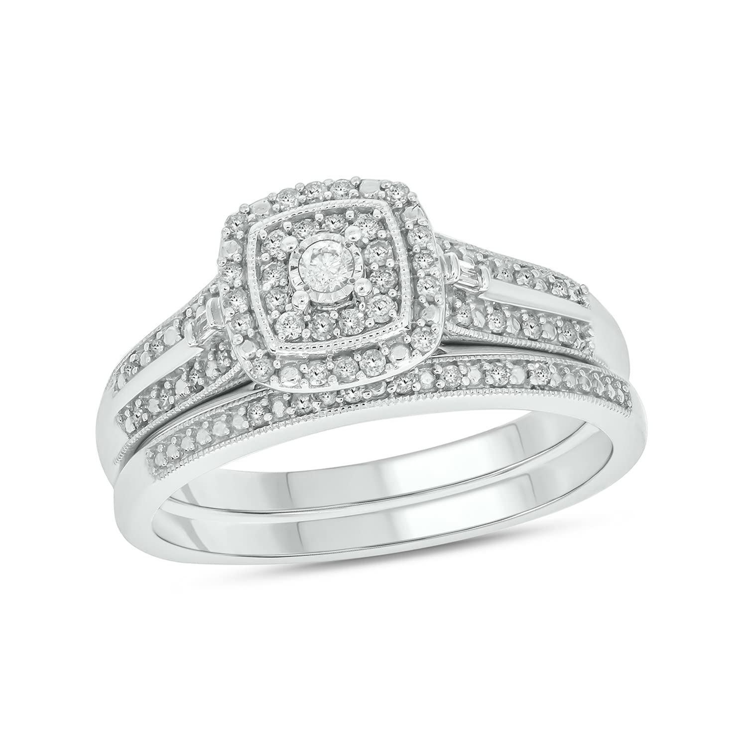 Cali Trove, 1/3cttw Diamond Square Halo Engagement Ring with Matching Diamond Wedding Band for Women in 925 Sterling Silver, Women's Silver Square Wedding Ring Set with Halo and Diamond Accented