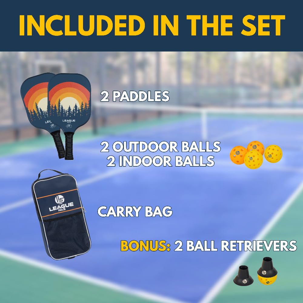 Pickleball Paddles Set of 2 - USAPA Approved Pickle Ball Racket - Indoor Outdoor Game - 4 Balls, Ball Retrievers, Carrying Bag - Court Equipment for Men Women Family - Pro Racquet Sets