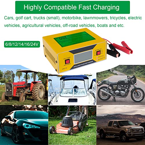 6/8/12/14/24 Volt Battery Charger Automotive, JYEASTZ Smart Car Battery Charger 0-10A, Maintainer and Fully Automatic Charger with Cable Clamps, Suitable for Cars, Golf Cart, Boats, Motorcycles, etc.