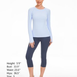 Stelle Women Workout Shirts Seamless Long Sleeve Yoga Tops with Thumb Holes for Sports Running Breathable Athletic Slim Fit Blue