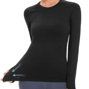 Stelle Womens Breathable Seamless Shirt with Thumb Holes for Yoga Sports Running Workout Athletic Slim Fit, Black, Large, Long Sleeve