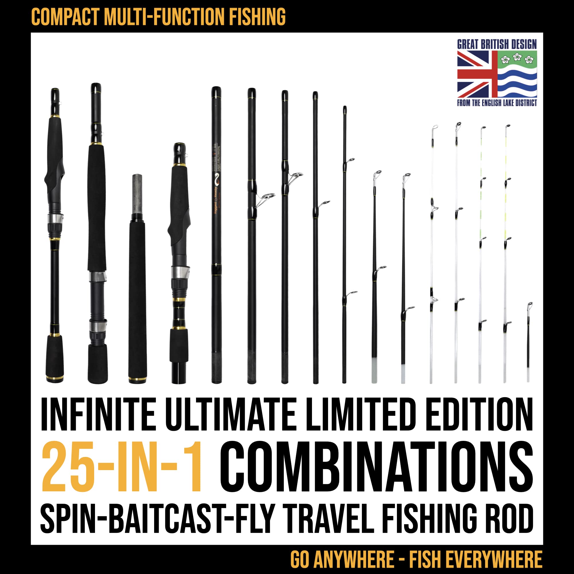 Rigged and Ready Infinite Ultimate 25-in-1 Spin-Baitcast-Fly Travel Fishing Rod. 25+ Combinations. Compact Spin-Cast-Fly Fish Pole Packrod