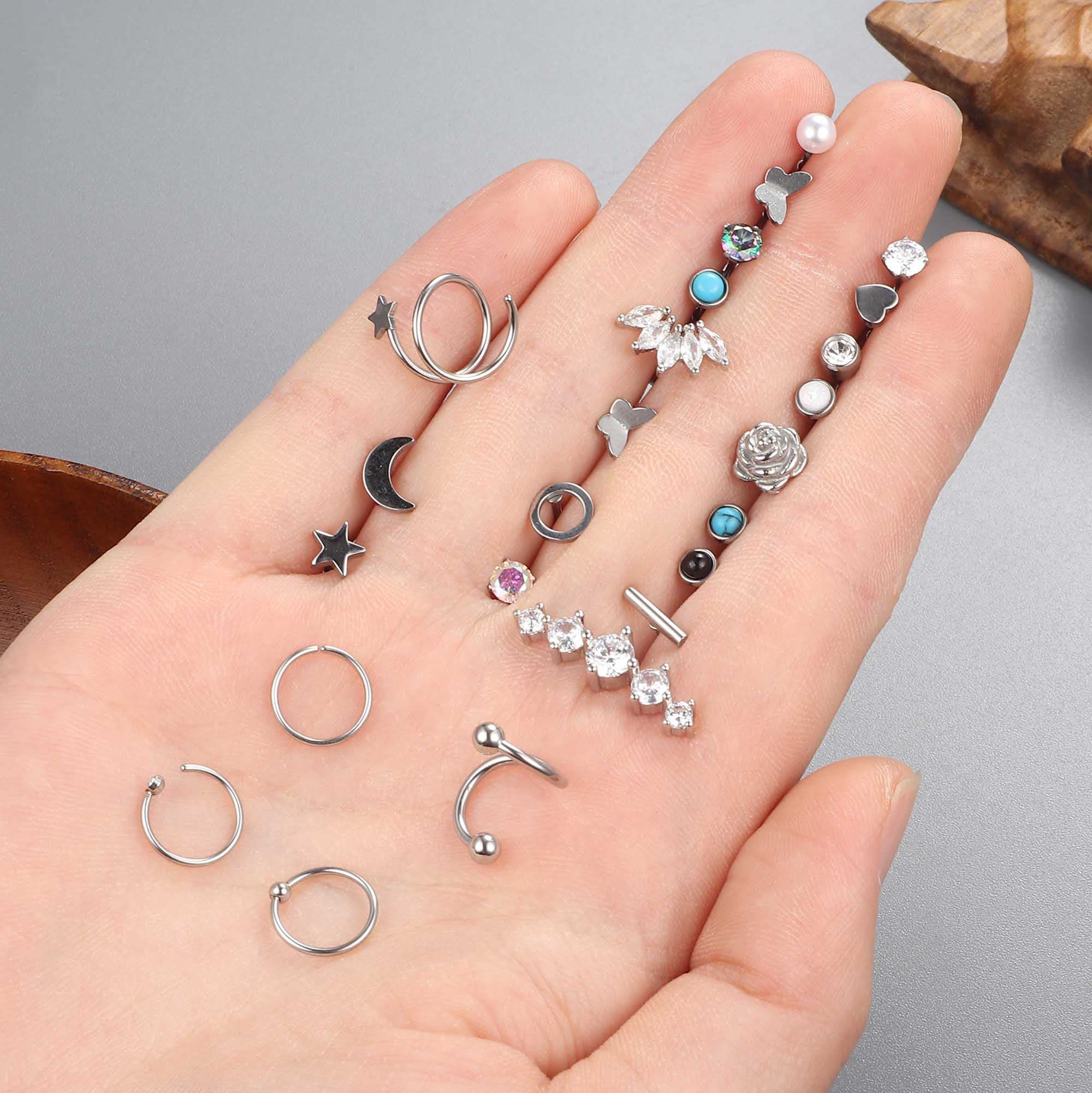 YADOCA 19Pairs Surgical Steel Flat Back Stud Earrings For Women Men Hypoallergenic Cartilage Earrings Stud Hoops Small CZ Heart Star Moon Opal Butterfly Helix Tragus Daith Earrings Piercing Jewelry