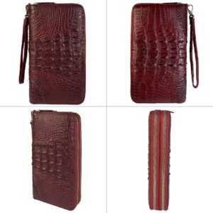 Burgundy Women Crocodile Clutch Wallet Large Capacity Alligator Leather Wristlets Purse Ladies Travel RFID Blocking Card Holder Cellphone Pocket VINU18