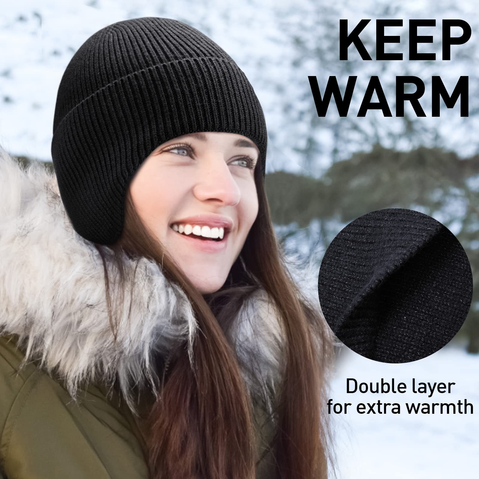 Arcweg Knit Beanie Hats Winter Men Women Warm Knit Earflap Hat Stretchy Windproof Knit Skull Cap for Winter Outdoor Black