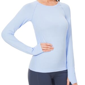 Stelle Women Workout Shirts Seamless Long Sleeve Yoga Tops with Thumb Holes for Sports Running Breathable Athletic Slim Fit Blue