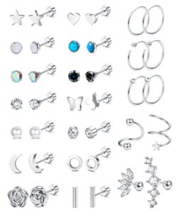 yadoca 19pairs surgical steel flat back stud earrings for women men hypoallergenic cartilage earrings stud hoops small cz heart star moon opal butterfly helix tragus daith earrings piercing jewelry