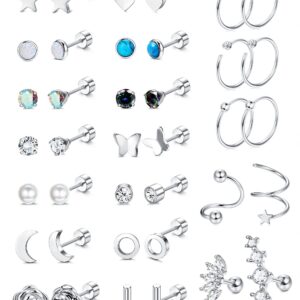 YADOCA 19Pairs Surgical Steel Flat Back Stud Earrings For Women Men Hypoallergenic Cartilage Earrings Stud Hoops Small CZ Heart Star Moon Opal Butterfly Helix Tragus Daith Earrings Piercing Jewelry