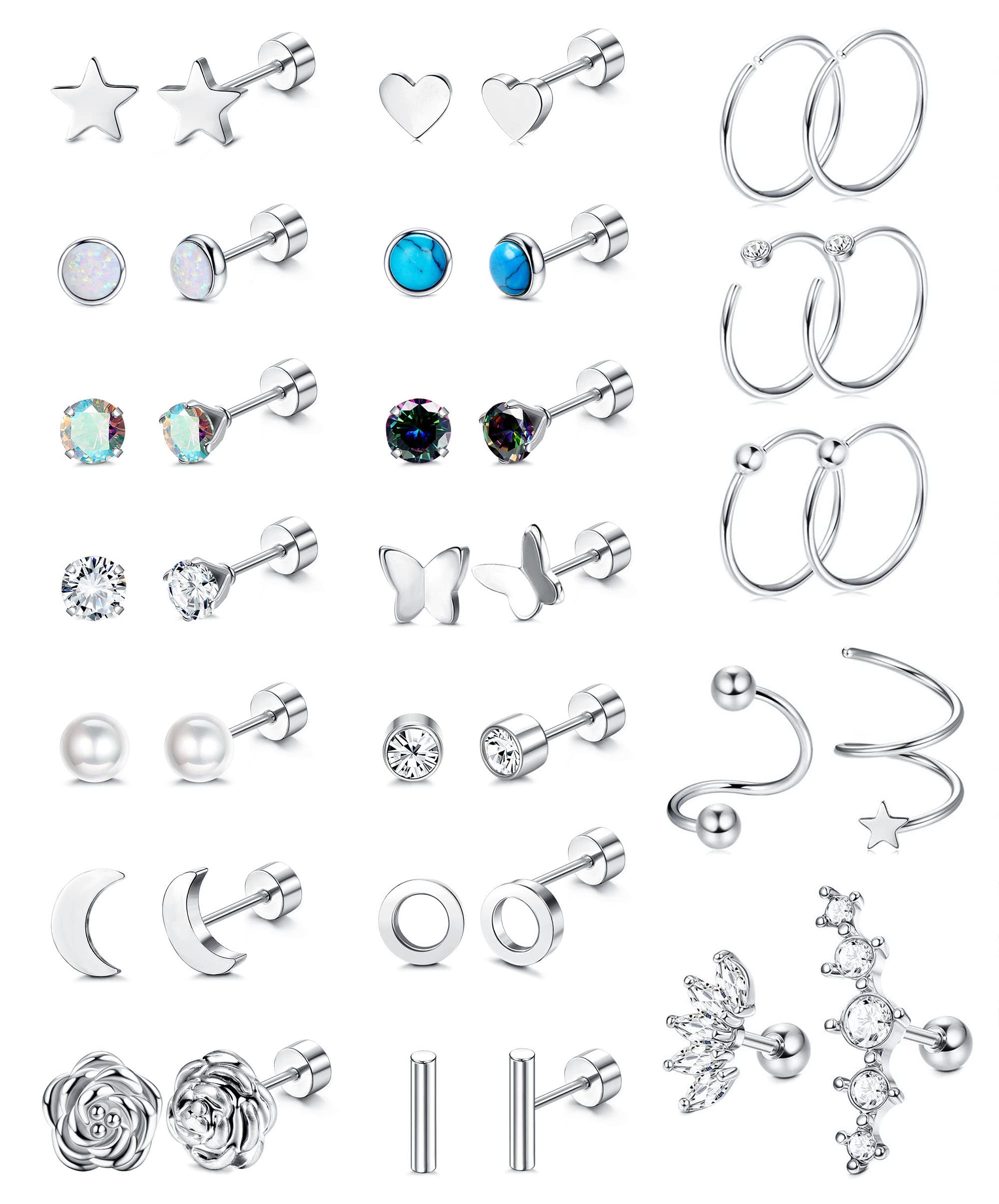 YADOCA 19Pairs Surgical Steel Flat Back Stud Earrings For Women Men Hypoallergenic Cartilage Earrings Stud Hoops Small CZ Heart Star Moon Opal Butterfly Helix Tragus Daith Earrings Piercing Jewelry