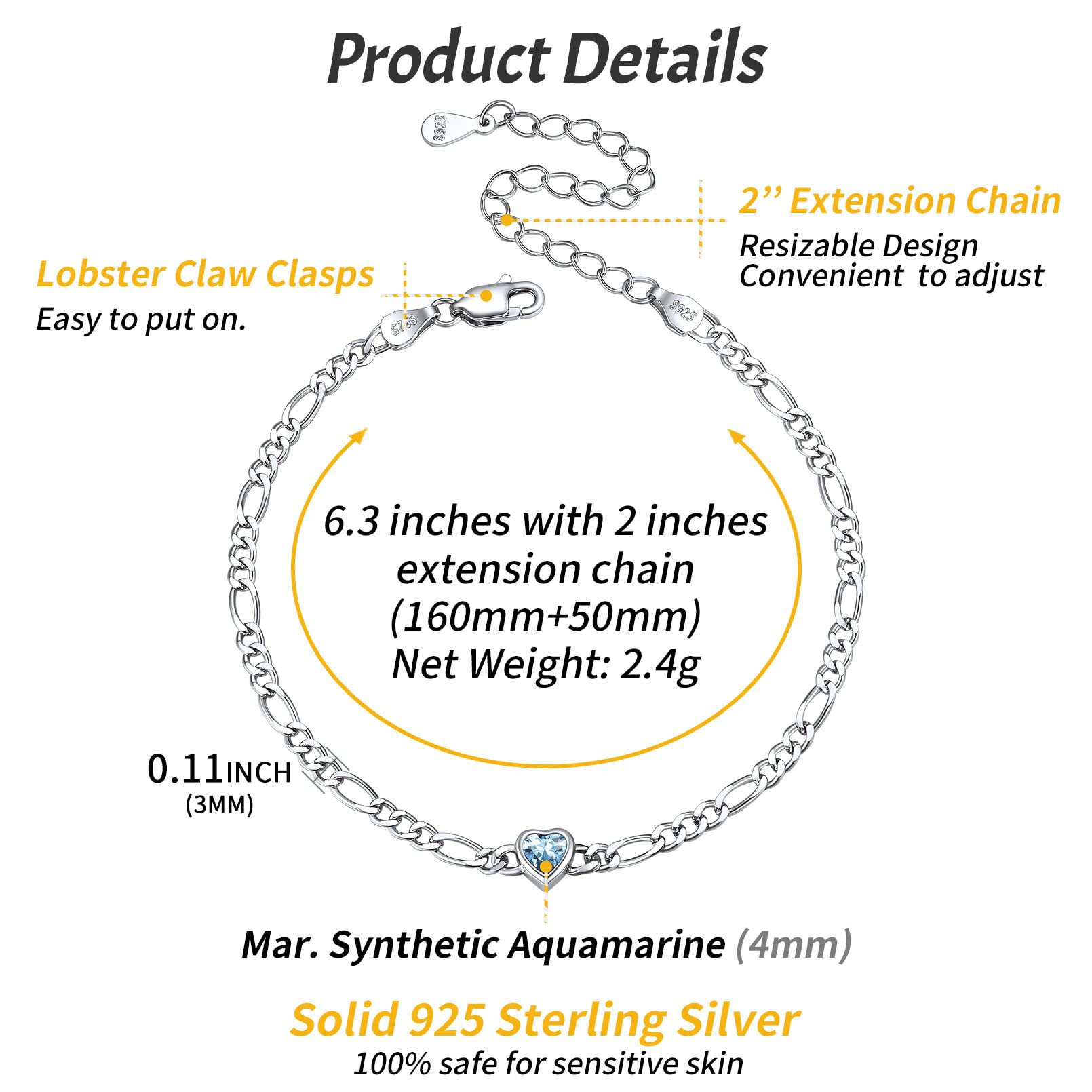 ChicSilver 925 Sterling Silver Heart Bracelet for Women Dainty 3mm Cubic Zirconia CZ Created Aquamarine March Birthstone Figaro Chain Bracelet Birthday Jewelry Gifts