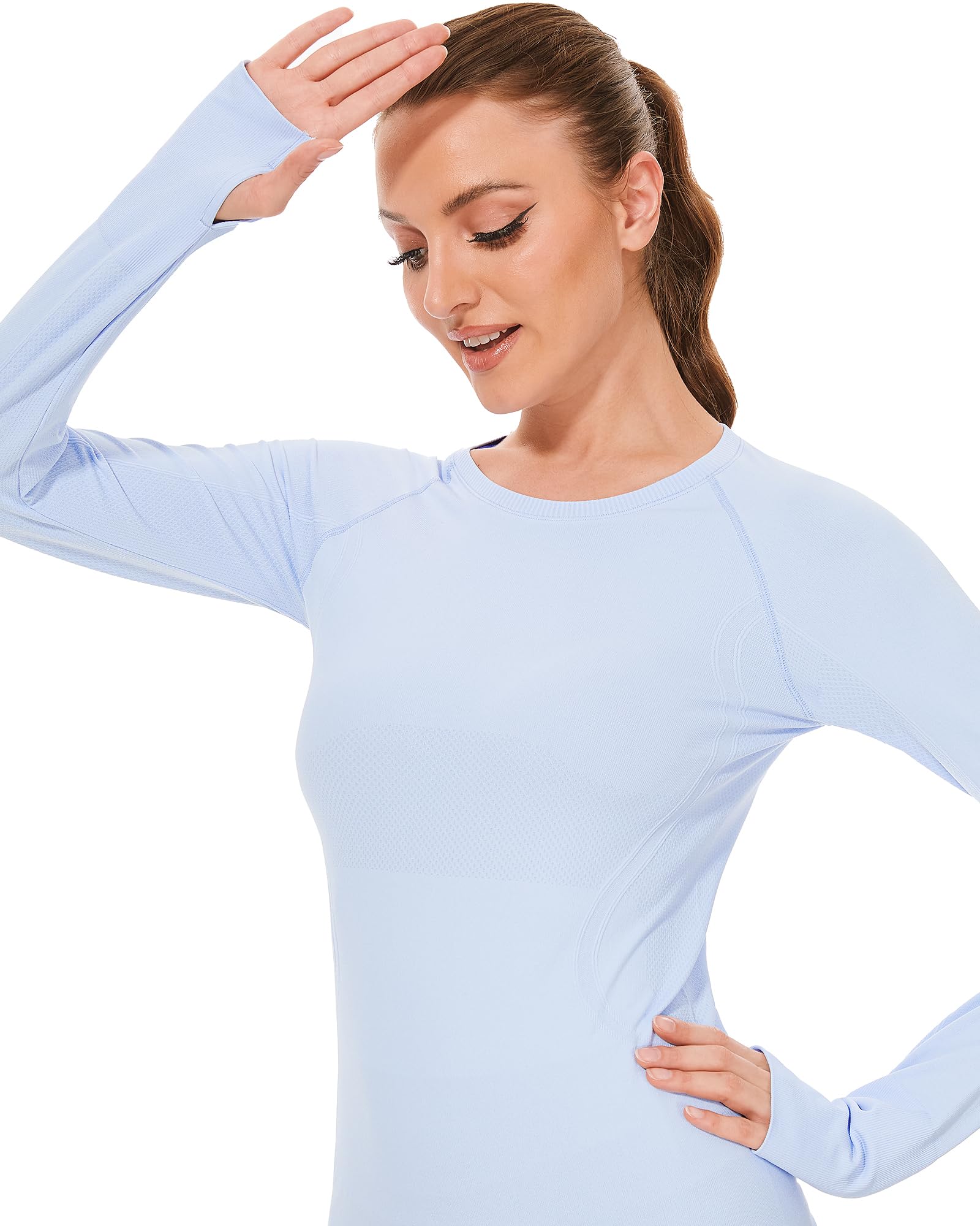 Stelle Women Workout Shirts Seamless Long Sleeve Yoga Tops with Thumb Holes for Sports Running Breathable Athletic Slim Fit Blue