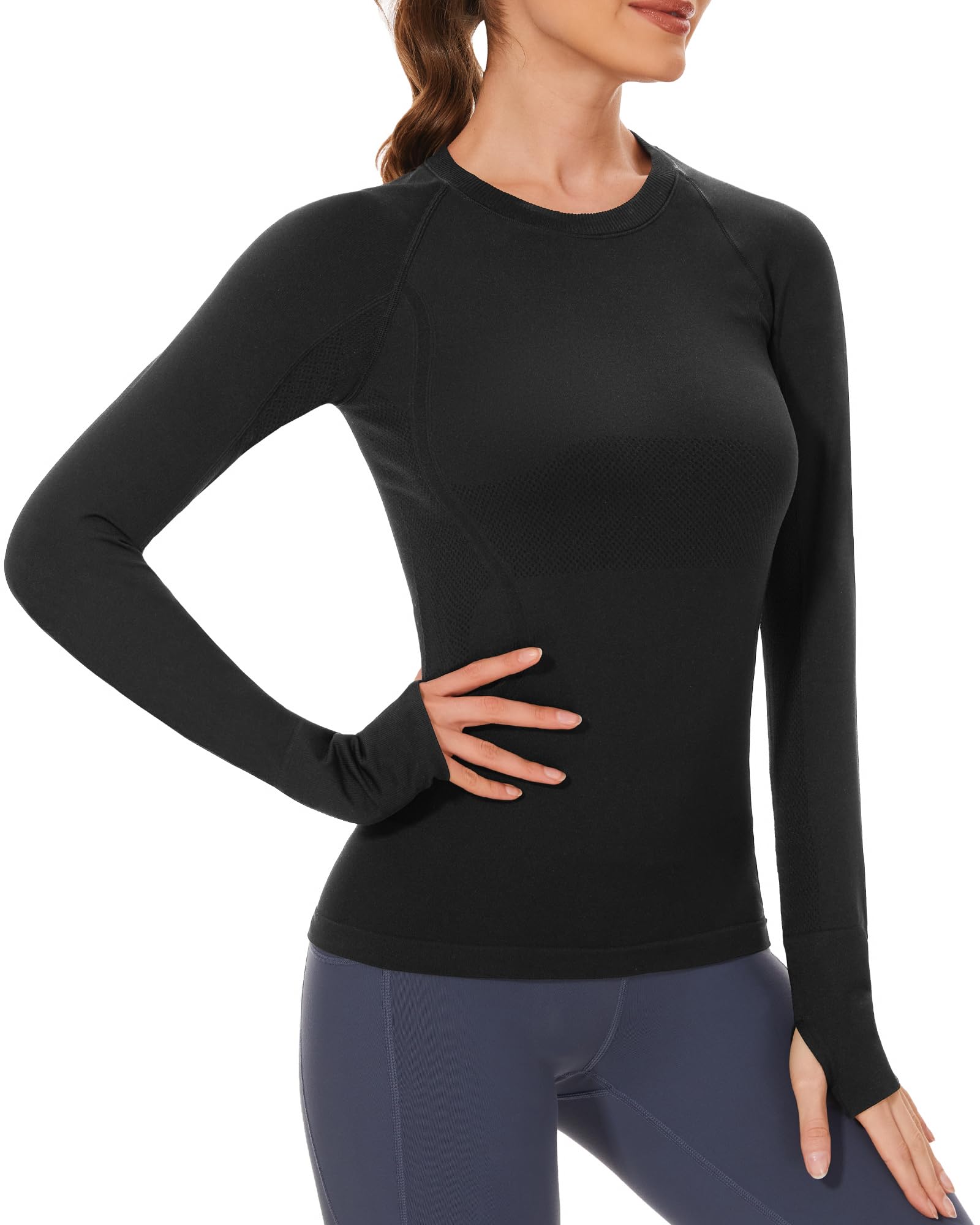 Stelle Womens Breathable Seamless Shirt with Thumb Holes for Yoga Sports Running Workout Athletic Slim Fit, Black, Large, Long Sleeve