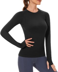 stelle womens breathable seamless shirt with thumb holes for yoga sports running workout athletic slim fit, black, small, long sleeve